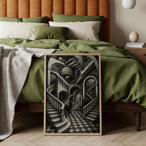 Optical Illusion Staircase Art – Escher Inspired Impossible Architecture in Black & White – Labyrinth Arches Art Print, Geometric Home Decor