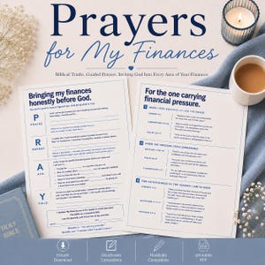 May include: Two printable pages with the title "Prayers for My Finances" and the text "Bringing my finances honestly before God" and "For the one carrying financial pressure." A lit candle and a cup of coffee are on the right. A small blue book is on the left.