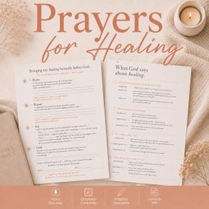 May include: A beige journal with the words "Prayers for Healing" in a script font. The journal is open to two pages of text, with a lit candle and a Bible in the background. The text includes "Bringing my healing honestly before God" and "What God says about healing."