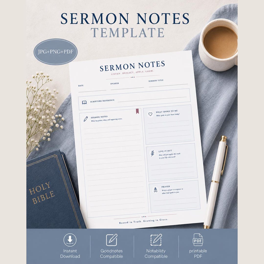 Sermon Notes Template PDF Printable Digital Church Notes Reflection ...