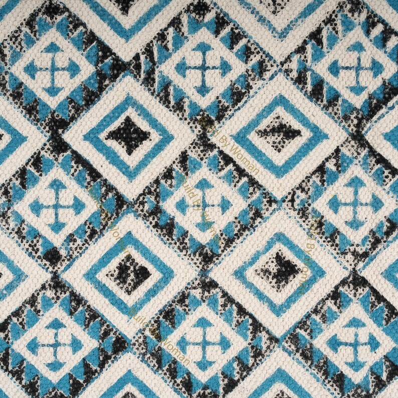 Hand Block Printed Cotton Runner Rug – Geometric Pattern, Washable ...