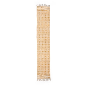 Puede incluir: Un camino de mesa rectangular y estrecho con un patrón geométrico repetitivo en amarillo y blanco. El camino de mesa tiene un borde con flecos en ambos extremos. El diseño presenta motivos circulares y florales, creando una apariencia simétrica y detallada. El camino de mesa es probablemente de tela.