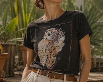 Unisex cotton tee with mystic Lilith owl art symbolic design inspired by ancient wisdom and mythic feminine power