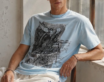 Monochrome Fantasy Art Heavy Cotton Tee with Mysterious Lady  Bach Magnificat Notes  Unique Gift for Musicians  Unisex TShirt