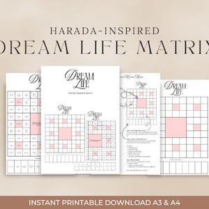 May include: A collection of printable planning sheets titled Harada-Inspired Dream Life Matrix. The documents feature white backgrounds with black text, grid layouts, and light pink square accents. The pages include sections for goal setting, task lists, and structured matrices for personal organization and planning.