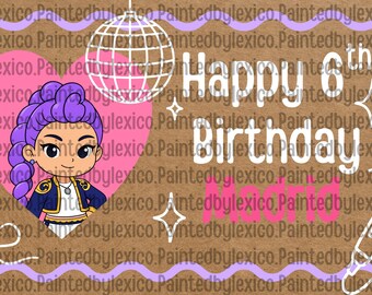 May include: A rectangular birthday sign on a brown background with a purple wavy border. It features a cartoon character with purple hair, a pink heart, a disco ball, a microphone, and the white text Happy 6th Birthday with the name Madrid in pink.