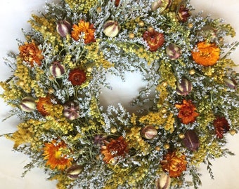 Earth tone Wreath, Dried FLOWER WREATH, Rustic Wreath, Fall Natural Dried Flower Farmhouse Wreath, Colorful Autumn Dried flower Wedding Prim