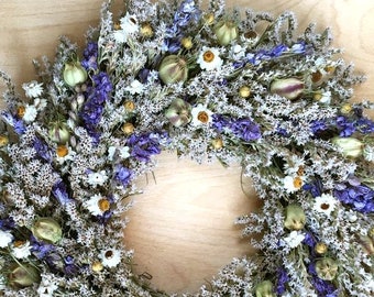 Dried FLOWER WREATH / Small Farmhouse Wreath, violet blue Summer Dried Flower Wreath, Rustic Dried flower Natural wreath, Country Floral