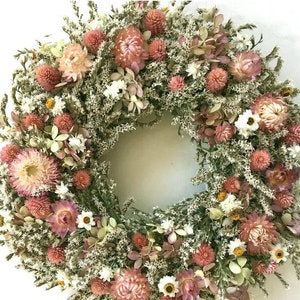 Dried Flower WREATH /  LT Pink Summer Dried Flower Wreath, Spring Dried flower Wreath Natural pastel Wreath, Primitive Mini Country Wreath