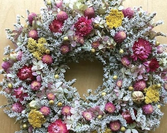 Dried FLOWER WREATH / Pink Summer Dried Flower Wreath,  Gold Spring Dried flower Wreath, Natural wreath, pastel Wreath, Country Wreath, Prim