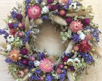 Dried FLOWER WREATH / Pink violet blue Summer Dried Flower Wreath, Spring Dried flower Natural wreath, pastel , Country Wreath, Prim Wall