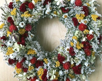 Dried FLOWER WREATH  Farmhouse Wreath, Rustic White Red Yellow Summer Dried Flower Wreath, Colorful Wreath, Spring Dried flower Wreath Prim