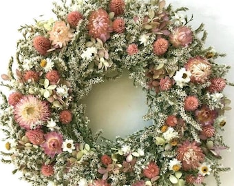 Dried Flower WREATH Mothers Day Gift LT Pink Summer Dried Flower Wreath, Spring  Natural pastel Wreath, Primitive Mini Country Wreath