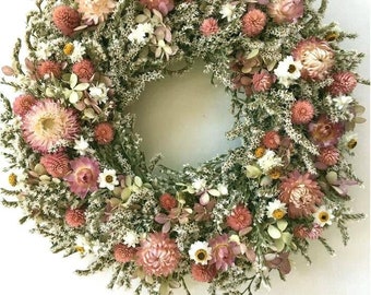 Dried Flower WREATH /  LT Pink Summer Dried Flower Wreath, Gifts for Her, white Wreath Natural pastel Wreath, Primitive Mini Country Wreath