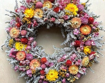 Dried FLOWER WREATH / Farmhouse Wreath, Small Rustic Yellow Pink Orange Summer Dried Flower Prim Colorful Spring Country Natural wreath