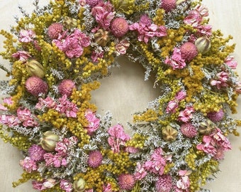 Dried Flower WREATH  Pink Pastel Dried Flower Wreath, Rustic Wedding Spring Dried flower Natural wreath, fall Summer  Country Wreath, Prim