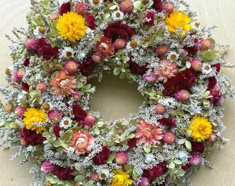 Dried Flower WREATH  Pastel Small Door  Yellow, Pink Dried Flower Wreath, Rustic Wedding Spring Dried flower Natural Summer Country Prim