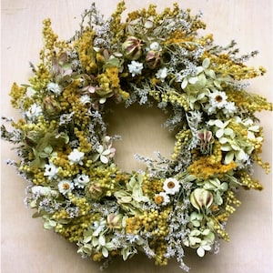Dried FLOWER WREATH / Wildflower FALL Wreath, Farmhouse Wreath, Rustic Natural Earthtone Wreath Folk Art Dried Floral Hydrangea Country Prim