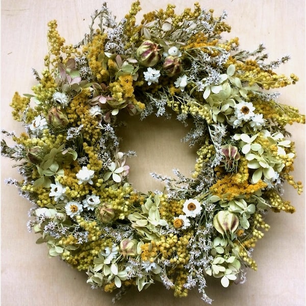 Dried FLOWER WREATH / Wildflower FALL Wreath, Farmhouse Wreath, Rustic Natural Earthtone Wreath Folk Art Dried Floral Hydrangea Country Prim