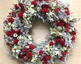 Dried FLOWER Wreath, SMALL Red, Green, White Flower Wreath, Christmas Wreath, Valentine Flower Wreath, Natural Holiday Country Gift Prim