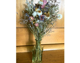 Little DRIED FLOWER BOUQUET 9" in Bud Vase, blue white pink prim bouquet, gifts for her Boho country flower bunch Country Floral Prim rustic