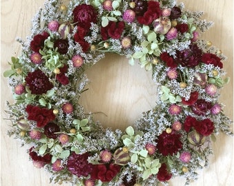 Dried FLOWER WREATH / Burgundy Pink Summer Dried Flower Wreath, Spring Dried flower Wreath, Natural pastel Wreath, Country Wreath, Prim Wall