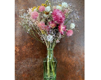 Little DRIED FLOWER BOUQUET 9" in Bud Vase, pink Farm House prim bouquet, gifts for her Boho country flower bunch Rustic Floral Gift for Her