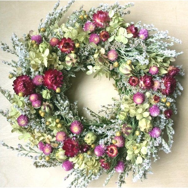 Dried Flower WREATH  Pink Summer Dried Flower Wreath, Rustic Wedding Spring Dried flower Natural wreath, pastel  Country Wreath, Prim