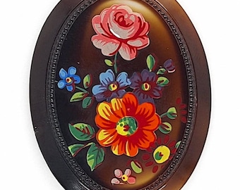 40x30mm Vintage German Glass Decal Painting Brown with red yellow blue Flowers Bouquet Cabochon J103