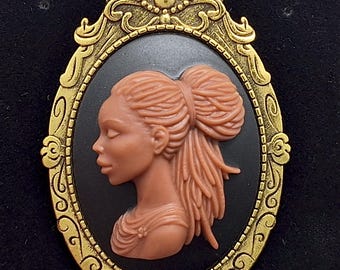 Black Woman Brooch or Pendant Beautiful African American with Braids Cameo in Gold tone Setting cabochon in the mounting is 40x30mm F258