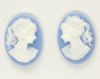 1 pr 18 x 13 mm camafeos Derecha Izquierda Mirando Azul y Blanco Silueta Camafeo Cola de Caballo Perfil Resina Camafeo Estilo Victoriano Hallazgo de Joyería S2042