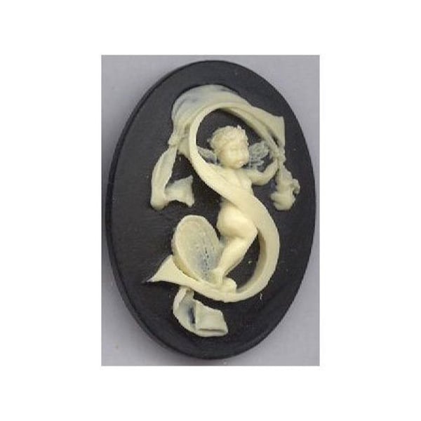 Letras del alfabeto, letra S, camafeo con ángel querubín, 40 x 30 mm, accesorio de joyería del alfabeto, camafeo o cabujón inicial negro, 155 x