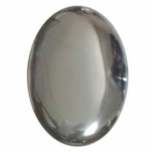 May include: A polished, oval-shaped, silver-colored object with a reflective surface. The object has a smooth, rounded form and appears to be made of metal. The shape is symmetrical and the surface reflects light.