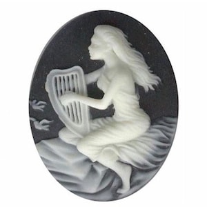 sea nymph with harp instrument stringed instrument  resin cameo black cream cabachon  music lover gift 40x30mm unique jewelry finding 674q