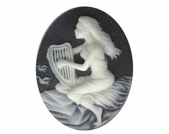 sea nymph with harp instrument stringed instrument  resin cameo black cream cabachon  music lover gift 40x30mm unique jewelry finding 674q