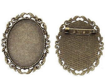 1pc  cameo setting blank 40x30mm Antique Bronze Cabochon mount  Pin Back use as pendant by adding a jump ring open weave filigree edge 759x