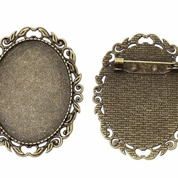 1pc  cameo setting blank 40x30mm Antique Bronze Cabochon mount  Pin Back use as pendant by adding a jump ring open weave filigree edge 759x