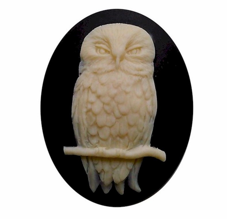 May include: A white ceramic owl figurine with detailed feathers perched on a branch, set against a black oval background.