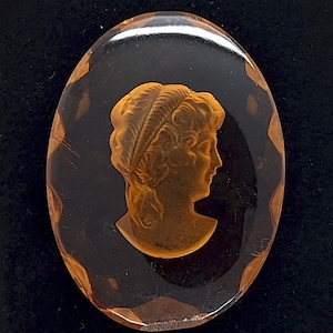 May include: Oval-shaped cameo pendant featuring a profile of a woman with detailed hair and a classical design. The cameo is a warm amber color, set within a clear, faceted border. The background is dark.