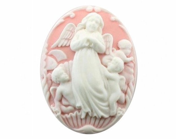 guardian angel 40x30 resin angel cherubs cameo pink and white cabochon religious jewelry findings heaven heavenly jewelry charm 101a