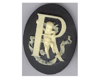 personalize letter R cabochon  black cream cameo  letter cameo with cherub or angel  loose unset stone 40x30mm item 154x