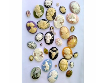 cameo cabochon bulk lot of seconds and overstock (25-30 pcs) 1/4 pound most 40x30 mm mix of resin and glass collage craft quality 690q