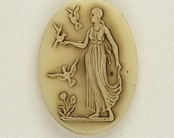 18x13mm Vintage Glass cabochon  cameo Woman with Birds dove Cameo new old stock Roman Greek themed milk glass  J106
