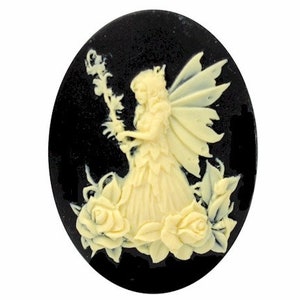 Fairy princess cameo DYI ring necklace brooch bracelet pendant embellishment 40x30mm black off white cabachon mixed media craft supply S2088