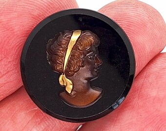 25mm Vintage German Brown Glass Woman  round Cameo Cabochon J164