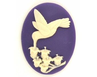 40x30mm Hummingbird Lily of the Valley Purple Crème Resin Cameo Cabochon flora fauna fantasy jewelry craft scrapbook supply botanical S4045