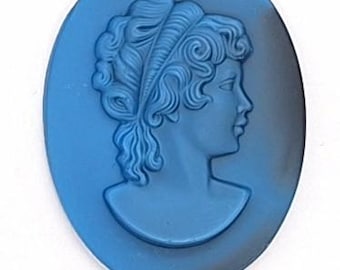 40x30mm Vintage German Blue Glass Woman Cameo Cabochon J125
