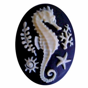 May include: A white cameo with a detailed carving of a seahorse, coral, a starfish, and a sun on a dark blue background.