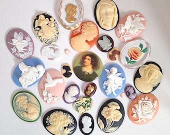 cameo cabochon bulk lot of seconds and overstock (20-25 pcs) 1/4 pound most 40x30 mm mix of resin and glass collage craft quality 690q