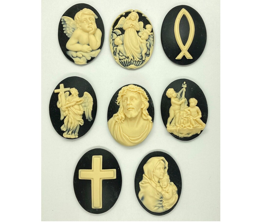 8pcs 40x30mm Religious Bulk Set of Resin Cameo Cabochon jesus Angels Christian Symbols Mary